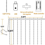 Juhefa Curtain Lights,USB Powered Fairy Lights String,IP64 Waterproof & 8 Modes Twinkle Lights for Parties, Bedroom Wedding,Valentines' Day Wall Decorations (300 LEDs,9.8x9.8Ft, Warm White)