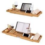 HOMFA Bamboo Bathtub Tray Bath Table Adjustable Caddy Tray with Extending Sides, Cellphone Tray and Wineglass Holder