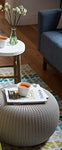 Keter Urban Knit Pouf Ottoman Set of 2 with Storage Table for Patio and Room Décor - Perfect for Balcony, Deck, and Outdoor Seating, Dune/Misty Blue