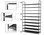 Halter 10 Tier Stackable Shoe Rack Storage Shelves - Stainless Steel Frame Holds 50 Pairs of Shoes - 39.125" X 11.125" X 69.5" - Black