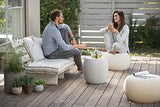 Keter Urban Knit Pouf Ottoman Set of 2 with Storage Table for Patio and Room Décor - Perfect for Balcony, Deck, and Outdoor Seating, Dune/Misty Blue