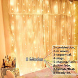 Juhefa Curtain Lights, USB Powered Fairy Lights String,IP64 Waterproof & 8 Modes Twinkle Lights for Parties, Bedroom Wedding,Valentines' Day Wall Decorations (300 LEDs,9.8x9.8Ft, Warm White)