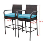 Sundale Outdoor 2 Pcs All Weather Patio Furniture Set Brown Wicker Barstool with Blue Cushions, Back Support and Armrest