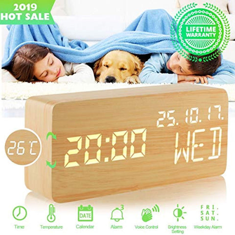 Luckymore Alarm Clock,Wood Alarm Clock Digital Clock LED Small Desk Clock Voice Command Beside Wooden Clock Modern Decoration Mini Alarm Clocks 3 Alarms 3 Level Brightness Show Time Date Week