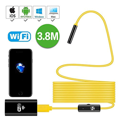 WiFi Endoscope,Wireless Borescope Waterproof 2.0 Megapixels HD Camera with 3.8M Yellow Snake wire with Micro USB,OTG Function for Android,IOS Smartphone,iPad,Samsung Pad,Tablet PC,Laptop