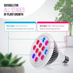 Indoor LED Grow Light Bulbs w/ Clamp Reflector (12W) Efficient Greenhouse Red & Blue Hydroponics Lighting | Produce Healthier Plants, Herbs, Flowers