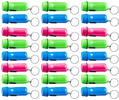 Mini Flashlight Keychain - 24 Pack Assorted Colors, Green, Light Blue and Pink, Batteries Included - for Kids, Party Favor, Goody Bag Filler, Gift, Prize, Pocket Size, Chain for Key.