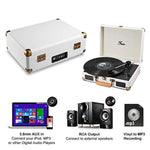 Vinyl Stereo White Record Player 3 Speed Portable Turntable Suitcase Built in 2 Speakers RCA Line Out AUX Headphone Jack PC Recorder