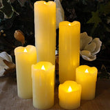 LED Lytes Timer LED Candles - Slim Set of 6, 2" Wide and 2"- 9" Tall, Ivory dripping Wax and Flickering Amber Yellow Flame Battery Operated Electric Candle