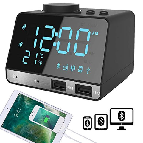 SAPE Alarm Clock for Bedrooms with Dual Alarm, Snooze, Bluetooth Speaker, FM Radio, AUX TF Card Play, Dual USB Charger Port, Temperature Function