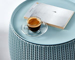 Keter Urban Knit Pouf Ottoman Set of 2 with Storage Table for Patio and Room Décor - Perfect for Balcony, Deck, and Outdoor Seating, Dune/Misty Blue