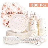 300PCS Rose Gold Paper Party Supplies - Disposable Paper Plates Dinnerware Set Rose Gold Dots 50 Dinner Plates 50 Dessert Plates 50 Cups 50 Napkins 50 Straws 50 Balloons Birthday Party Wedding Holiday