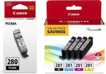 Canon CLI-281 BKCMY 4-Color Ink Tank Value Pack (2091C005) + Canon PGI-280 Pigment Black Ink Tank (2075C001)