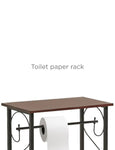 Gramercy Bathroom Table and Stand with Toilet Paper Roll-Bar Holder and Storage Rack - Black Metal Frame with Scroll Design, Walnut Color Wood Top - Ideal to Keep Essential Toiletries at Easy Reach