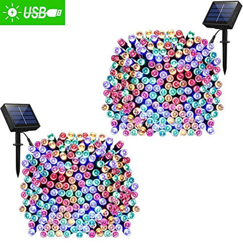 Solar Lights Outdoor 72ft 200 LED Fairy Lights, Ambiance lights for Patio, Lawn,Garden, Home, Wedding, Holiday, Christmas, Xmas Tree decoration,waterproof/Timer/USB Charge (Multi-color 2pack)