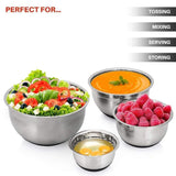 Zonegrace Stainless Steel Nesting Mixing Bowls Set of 5 with Lids, Measurement Lines & Silicone Bottoms and 3 Grater Attachments, Size 8, 5, 3, 2, 1.5 QT