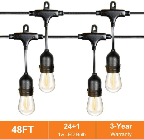 FUDESY 48Ft String Lights with LED Vintage Bulbs 24 Hanging Sockets, UL Listed Waterproof Outdoor/Indoor Commercial Patio Light for Backyard Cafe Gazebo Decor,FDS48FT1W24