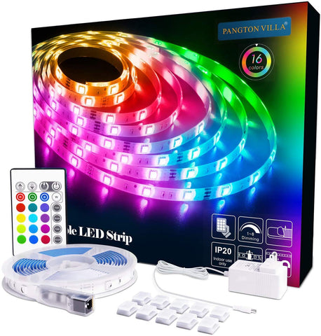 PANGTON VILLA LED Strip Lights, 16.4ft RGB 5050LEDs Color Changing Full Kit with 24key Remote Control and Power Supply Mood Lamp for Room Bedroom Home Kitchen Indoor Decorations