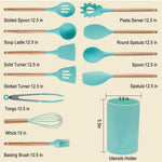 Kitchen Utensil Set Silicone Cooking Utensils, CROSDE 15pcs Kitchen Utensils Set Tools Wooden Handles Spatula Set Cookware Turner Tongs Spatula Spoon Kitchen Gadgets with Holder - Teal
