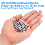 DYWISHKEY 100 Pieces M5 x 20mm/25mm/30mm/35mm/40mm Stainless Steel 304 Hex Button Head Cap Bolts and Nuts Kit