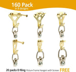 Picture Hangers, Picture Hanging Kit, 168 Pieces Picture Frame Hangers for Heavy Duty Picture Frame with Wall Mounting Nails, Tin Box Included (Golden)