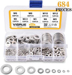 VIGRUE Black Zinc Plated Alloy Steel Flat Washers Set Washers Hardware Assortment 684 Pieces -9 Sizes M2 M2.5 M3 M4 M5 M6 M8 M10 M12