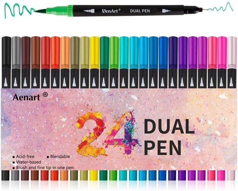 Dual Tip Art Marker Pens Fine Point Bullet Journal Pens & Colored Brush Markers for Kid Adult Coloring Books Drawing Planner Calendar Art Projects (24 Pens Set) by Aen Art