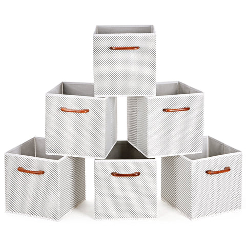 MaidMAX Foldable Storage Cubes, Set of 6 Decorative Fabric Storage Bins Containers Organizers Drawers with Wood Handles for Shelves Clothes Closet Kids Bedroom, Gray Polka Dot