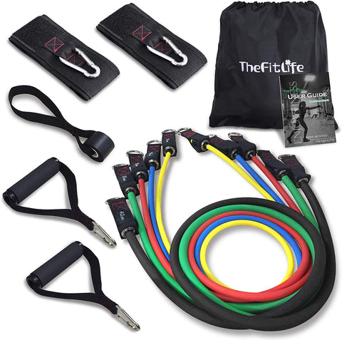 TheFitLife Exercise Resistance Bands with Handles - 5 Fitness Workout Bands Stackable up to 110 lbs, Training Tubes with Large Handles, Ankle Straps, Door Anchor Attachment, Carry Bag and Bonus eBook