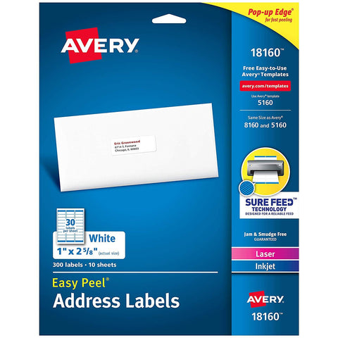 Avery Mailing Address Labels, Laser & Inkjet Printers, 300 Labels, 1 x 2-5/8, Permanent Adhesive (18160), White Pack of 4