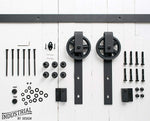 Industrial By Design - 8-Foot Big Wheel Sliding Barn Door Hardware Kit (Black) - Step-by-Step Installation Video - Ultra Quiet - One-Piece Rail, Industrial Spoke Wheel