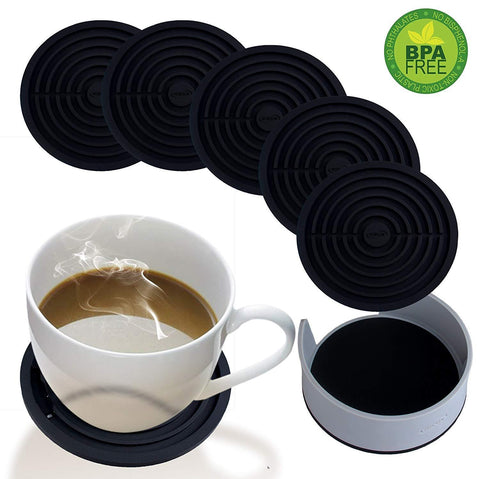 Coasters for Drinks Silicone Coaster with Holder - Set of 6 Round Absorbent Coaster - Large 4 inch Art Car Bar Tea Coffee Table Mug Beer Bottle Beverages for Wine Glass Black Rubber Cup Mat