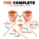 Moscow Mule Copper Mugs - Set of 2-100% HANDCRAFTED Pure Solid Copper Mugs - 16 Oz, Gift Set With Cocktail Copper Straws, Shot Glass, Stirrer & 2 E-Books by Copper-Bar