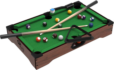 Mini Tabletop Pool Set- Billiards Game Includes Game Balls, Sticks, Chalk, Brush and Triangle-Portable and Fun for the Whole Family by Hey! Play!