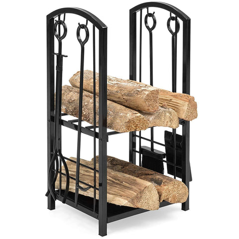 Best Choice Products Indoor Outdoor Fireplace Stackable Wrought Iron Firewood Log Rack Holder Storage Set w/Hook, Broom, Shovel, Tong - Black