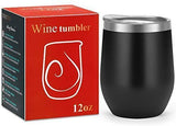 12 oz Double-Insulated Stemless Glass, Stainless Steel Tumbler Cup with Lids for Wine, Coffee, Drinks, Champagne, Cocktails, 2 Sets (Black)